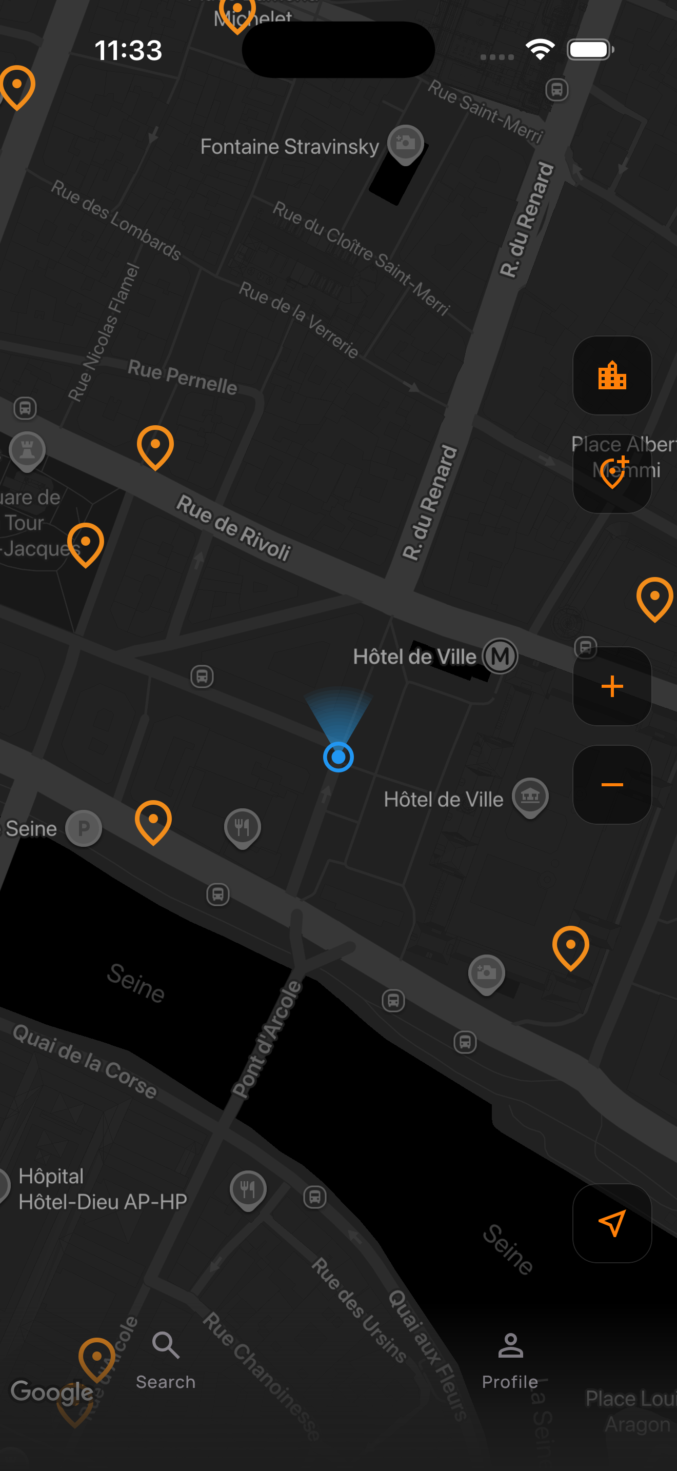 Орындардың қызғылт сары белгілері мен іздеу батырмасы бар RestMap картасы